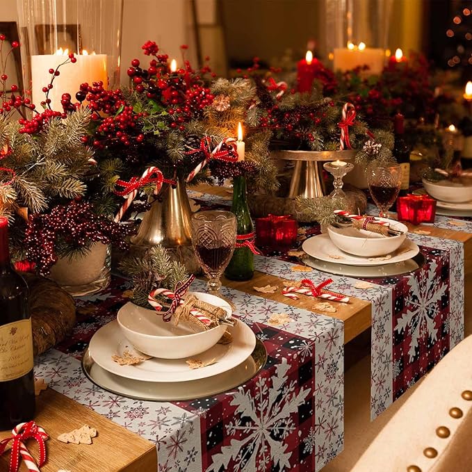 Buffalo Plaid Christmas Cotton Linen Table Runner for Dining Kitchen, Snowflake Red Black Check Wedding Outdoor Party Tablerunner Decoration, Retro Dresser Scarf Coffee Tablecloth Runners 13x60 Inches