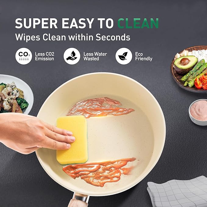 Kitchen Academy Induction Pots and Pans Set Non Stick - 12Pcs Beige Nonstick Kitchen Cookware Set, Granite Cooking Pans Set