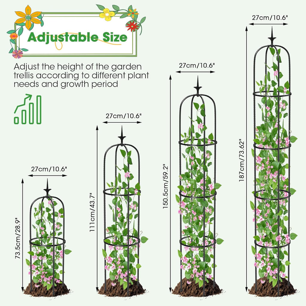 Tower Obelisk Garden Trellis for Climbing Plant，73.6inch Rustproof Metal Potted Plant Climbing Support for Indoor Outdoor Flowers Vegetable Fruits Vines Support (2Pcs)