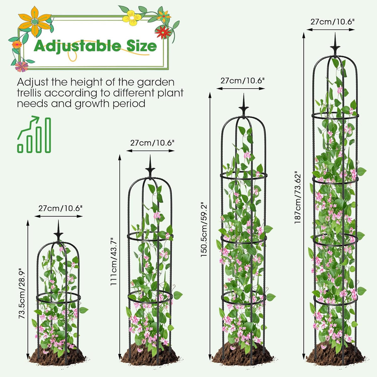 Tower Obelisk Garden Trellis for Climbing Plant，73.6inch Rustproof Metal Potted Plant Climbing Support for Indoor Outdoor Flowers Vegetable Fruits Vines Support (2Pcs)