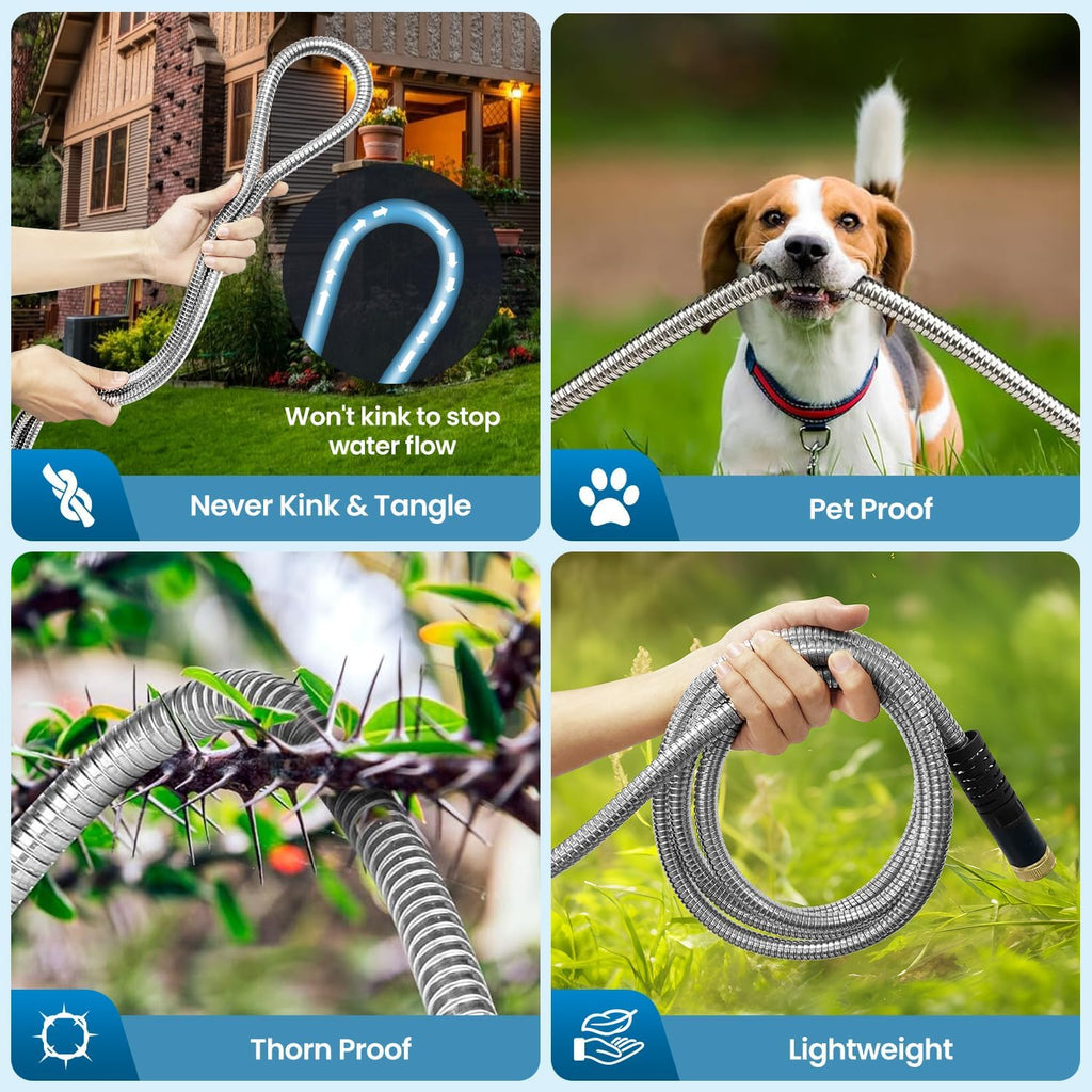 Garden Hose 50FT, Water Hose with 10 Function Nozzle, Garden Hose Metal with Leak-proof Connectors, Kink-Free & Ultra Flexible, Rust/Pet/Puncture Proof for Lawn, Yard, RV, Car Wash, 550PSI