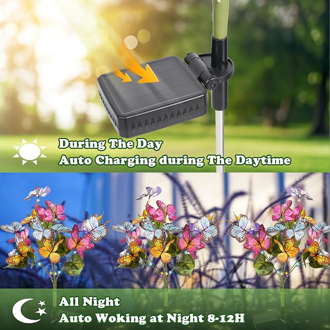 Solar Flower Lights-2 Pack Solar Garden Lights, Outdoor Waterproof Decorative Light, Butterfly Flower Garden Decor for Landscape, Pathway, Yard