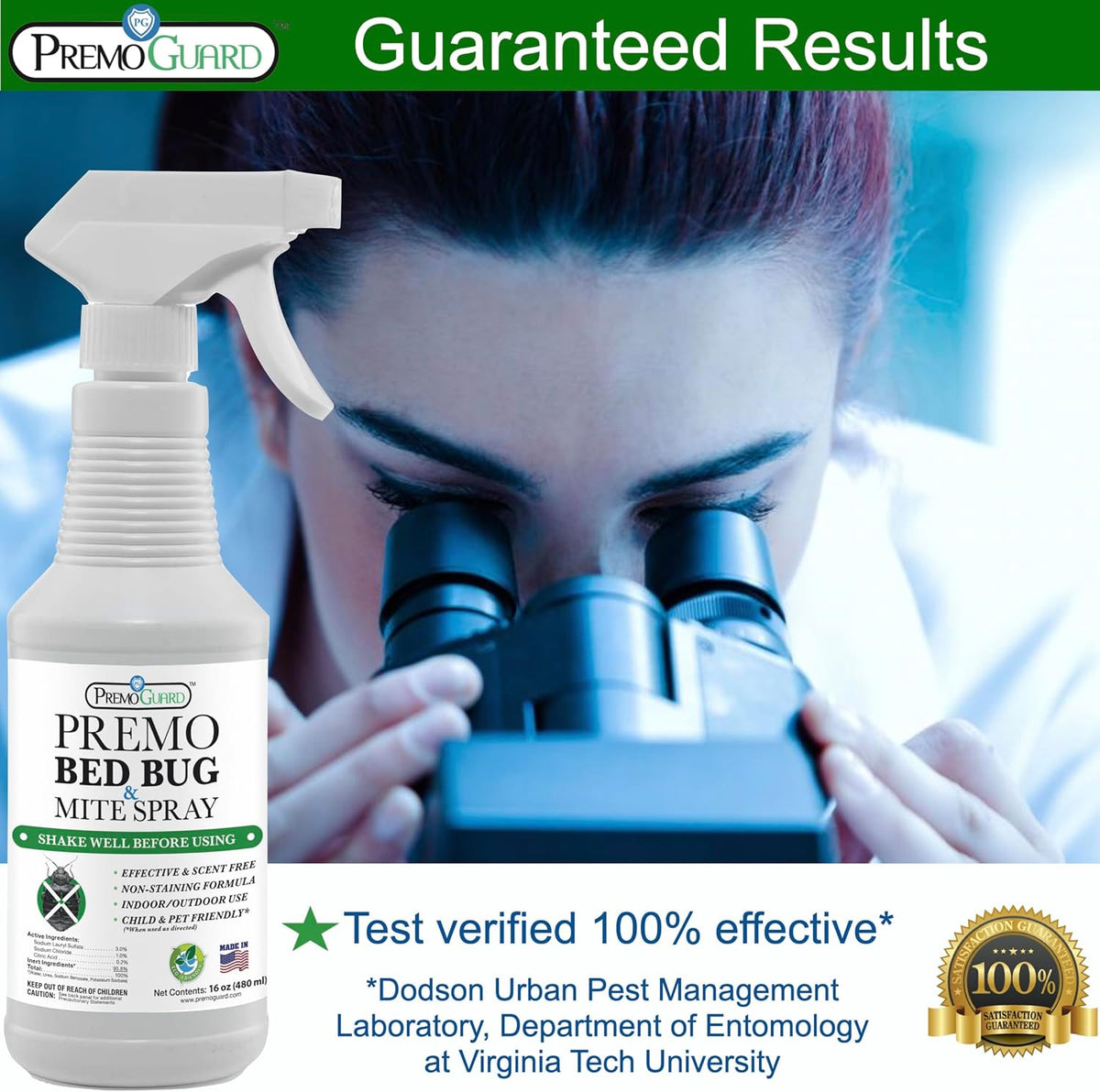 Premo Guard Bed Bug Killer Spray 16 oz - University Tested 100% Kill Rate - Natural Non Toxic, Stain & Scent Free - Kill Bedbugs & Mites On Bed & Blankets, Furniture, Clothing - Child & Pet Safe