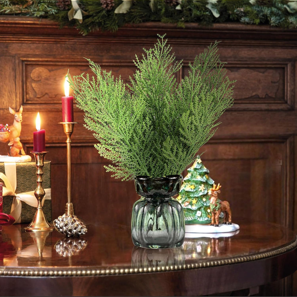 Hananona 40 Pcs Artificial Cedar Picks Faux Cedar Branches Fake Cypress Stems Plastic Pine Greenery Christmas Picks and Sprays DIY Accessories for Crafts Wreath Holiday Home Decor (40, Green)