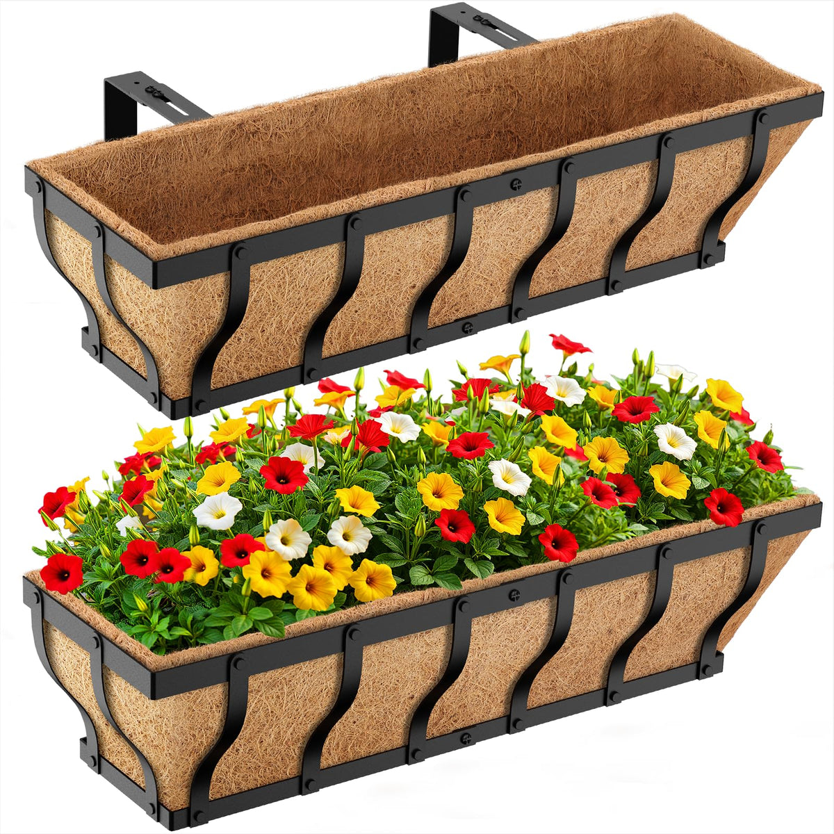 VOXOR Railing Planter Boxes, Heavy Duty Window Box Planters, Adjustable Balcony Planters for Railing Hanging, with Coco Liner for Deck, Porch, and Patio Gardening (2 Pack, 24 Inch)