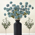 Waipfaru 10pcs Fake Silk Pompon Mum Artificial Flowers, Bulk Faux Mini Chrysanthemums with 2pcs Eucalyptus Stems, for Centerpieces Wedding Fillers Champagne Arrangements Shower Decorations, Blue