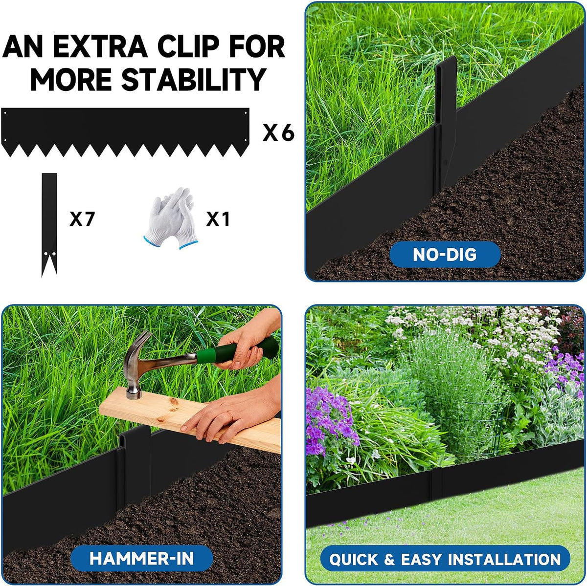 19.7Ft.Galvanized Steel Landscape Edging(6-Pack)-6"x39.4" Metal Garden Edging,7 Clips&Gloves,Hammer-in,No Dig,Rustproof,for Landscaping,Tree Rings,Garden,Yard&Pathway–Black