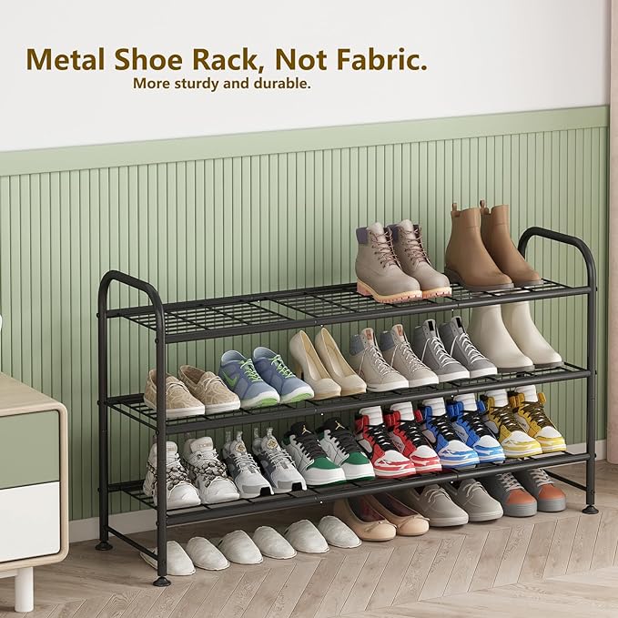 LINZINAR Shoe Rack 3 Tier Long Metal Shoe Organizer for Closet Entryway Black