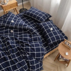 FACE TWO FACE Bedding Duvet Cover Set 3 Pieces 100% Washed Cotton Duvet Cover Linen Like Textured Breathable Durable Soft Comfy (King, Dark Blue Grid)