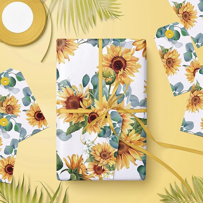 WRAPAHOLIC Kraft Sunflower Wrapping Paper Roll - Mini Roll - 17 Inch x 33 Feet - Perfect for Birthday, Baby Shower, Wedding, Party, Holiday