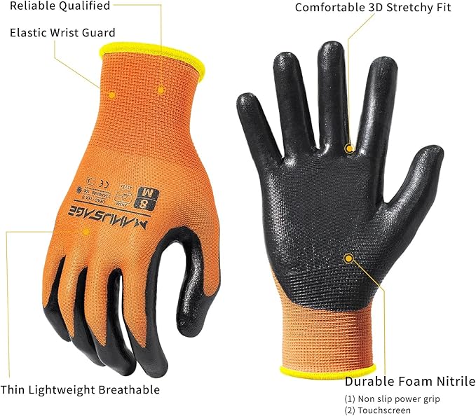 MANUSAGE Safety Work Gloves - Protective Glove for Men & Women - Ultrathin Hand Protection - For Construction, Gardening, Landscaping - Orange - Size L - 12 Pairs