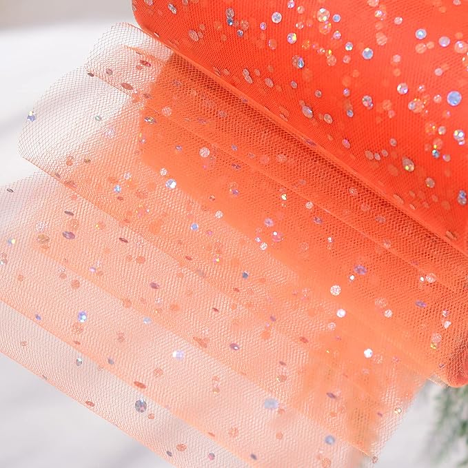 Glitter Tulle Rolls, 6' by 50 Yards (150FT) Sequin Tulle Netting Fabric for Tutu Skirts Sewing Birthday Wedding Party Decoration (Orange)