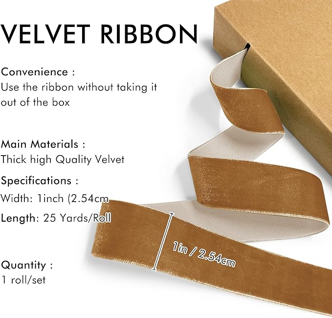 Copper Velvet Ribbon 1'' 25 Yards for Christmas Tree, Gift Wrapping, Flower Bouquet, Wreath Decorations, Bow Making