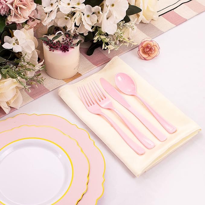 WDF 160 Piece Pink Plastic Silverware - Heavy Duty Pink Silverware Includes 80 Forks, 40 Spoons, 40 Knives, Plastic Utensils Perfect for Wedding, Party