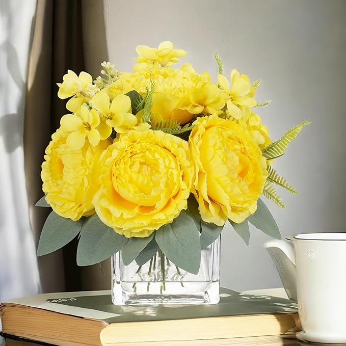 ENOVA FLORAL Artificial Flower Arrangement with Vase,Mixed Artificial Silk Peony Flower in Vase for Decoration Home Office, Wedding Centerpiece (Yellow)