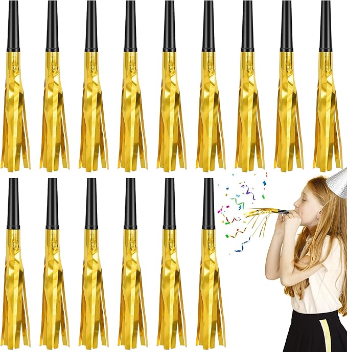 24 Pcs Glitter Noise Makers Metallic Fringed Party Blower for Adults Birthday Graduation New Years Party Favors Supplies (Gold)