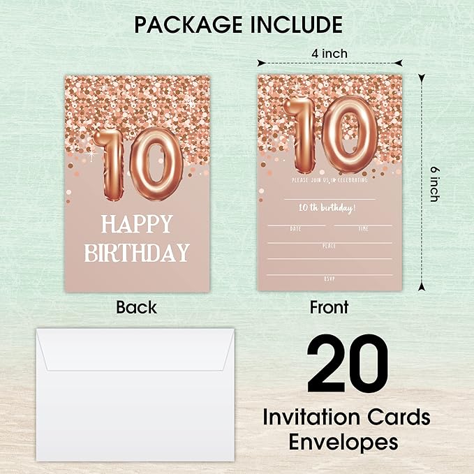10th Birthday Invitation Cards, Rose Gold Glitter 10th Birthday Party Invites, Kids Happy Birthday Party Decorations Supplies, 20 Fill-in Cards with Envelopes for Boys or Girls Party Celebration-C02