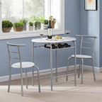 VECELO 3-Piece Dining Table Set for Kitchen Breakfast Nook, Wood Grain Oval Tabletop and Metal Frame with Built-in Wine Rack, for Small Spaces, 31.5", White & Silver