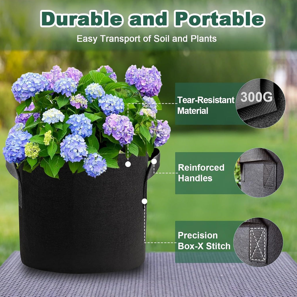 5 Pack 3 Gallon Fabric Grow Bags, Heavy Duty 300G Thickened Aeration Nonwoven Fabric Garden Pots with Handles, Planting Bag for Tomato, Potato, Strawberry, Vegetable, Fruits and Flowers