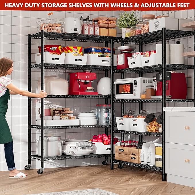 REIBII 76''H Wire Shelving Loads 1980LBS with 25mm Pipe Diameter,Storage Shelves with Wheels Metal Shelves for Storage, 5 Tier Adjustable Garage Shelving Heavy Duty Storage Rack,76''HX36''WX16''D