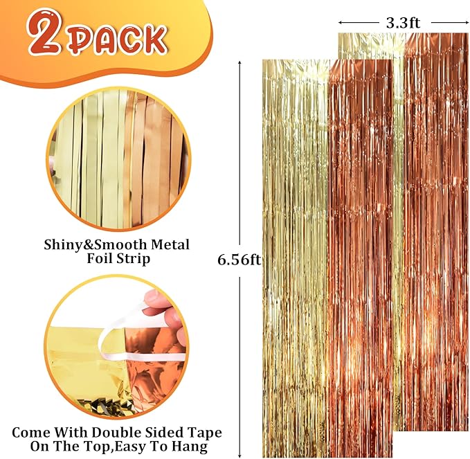 2 Pack Rose and Champion Foil Fringe Backdrop Curtains, Tinsel Streamers Party Decorations, Fringe Backdrop, Door Shimmer for Anniversary or Birthday Party