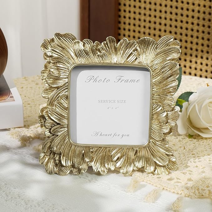 Cuspin Gold Picture Frames 4x4, Vintage Gold Resin Photo Frame Palm Leaves Textured with Glass Front, Elegant Retro Square Frame for Wall and Tabletop Display Home Decor
