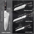 4 Pieces Professional Kitchen Knife Set, Damascus German Stainless Steel Chef Knife Set With Wooden Box, 8" Chef Knife, 5" Utility Knife, 8" Bread Knife, 7" Santoku Knife, Gift for Men Women Christmas