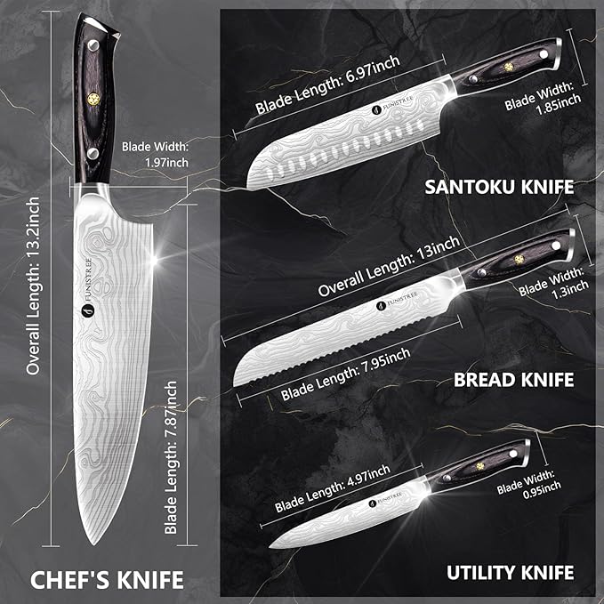 4 Pieces Professional Kitchen Knife Set, Damascus German Stainless Steel Chef Knife Set With Wooden Box, 8" Chef Knife, 5" Utility Knife, 8" Bread Knife, 7" Santoku Knife, Gift for Men Women Christmas