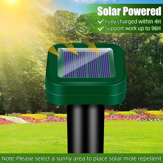 2026 New Mole Repellent Solar Powered, IP65 Waterproof Ultrasonic Gopher Repellent Snake Repellent for Yard Lawn Garden, Groundhog Vole Chipmunk Armadillo Squirrel Rodent Deterrent Stakes,8 Pack