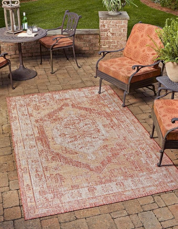 Unique Loom Outdoor Traditional Collection Area Rug - Valeria (9' x 12' Rectangle, Rust Red/ Ivory)