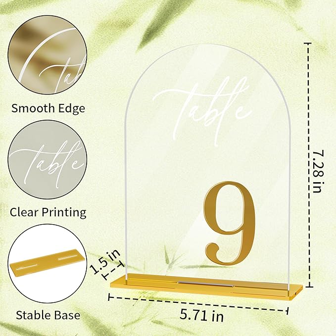 Arch Wedding Table Numbers 1-15 with Stands, Elegant Gold Number 5.5 x 7” Arch Acrylic Signs with Holder, Clear Acrylic Table Numbers for Wedding Reception, Anniversary, Party, Events