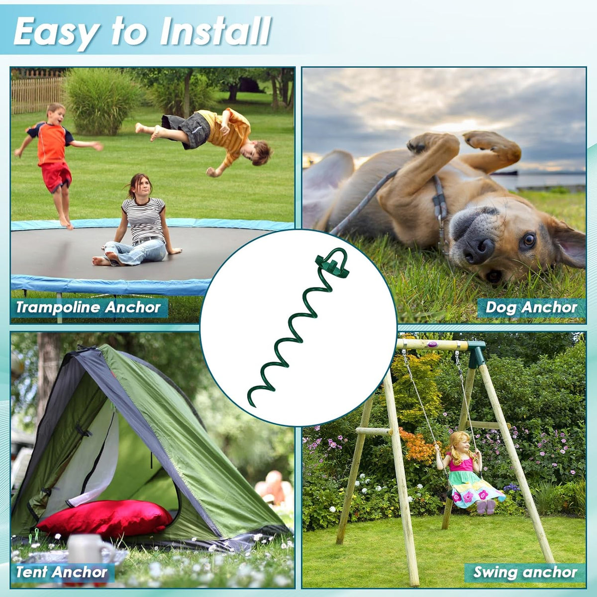 FEED GARDEN 16 Inch Spiral Ground Anchors Heavy Duty Screw in Spiral Stakes, 4 Pack Folding Ring Ground Stakes for Securing Dogs,Tents, Trampolines, Canopies, Swing Sets,Green