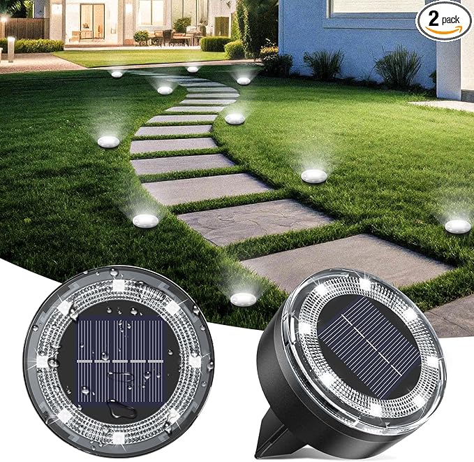 Mini Solar Ground Lights, 2 Pack Solar Lights Outdoor Waterproof, Upgraded LED Flat Landscape Lighting for Outside Pathway Garden Patio Yard Driveway,Cold White
