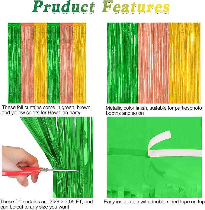 4 Pack Hawaiian Party Decorations, 3.28 FT x 7.05 FT Hawaii Tinsel Backdrop, Green Brown Yellow Foil Curtains Fringe Backdrop Party Streamer, Metallic Summer Decor Luau Party Decorations