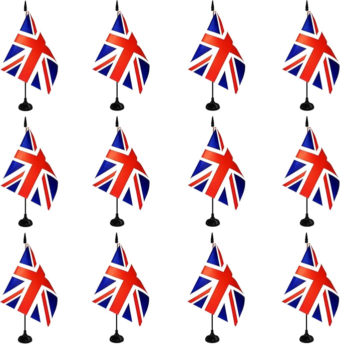 UK Britain Desk Flag, 12 Pack British Table Office Flag with Black Solid Pole and Stand Base, International Country Flag, Festival Celebration, Classroom Meeting Desktop Decor (UK)