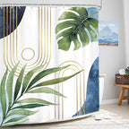 Glawry Boho Blue Green Shower Curtain Mid Century Abstract Tropical Palm Leaf Modern Minimalist Plant Botanical Bathroom Geometric 72Wx72L Inches Bath Accessories Art Home Decor Fabric 12 Pack Hooks