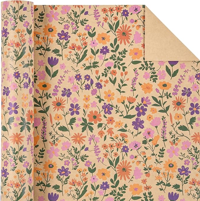 WRAPAHOLIC Kraft Floral Wrapping Paper Roll - Mini Roll - 17 Inch x 16.5 Feet - Vintage Flower Wrapping Paper, Perfect for Wedding, Birthday, Bridal Shower, Tea Party
