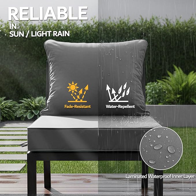 22x22 Inch Patio Chair Cushions Set of 2, Outdoor Furniture Cushions - Removable Cover, Water-Repellent, Fade-Resistant, Non-Slip Bottom & Straps, Replacement for Lawn, Porch & Deck Chair - Dark Grey