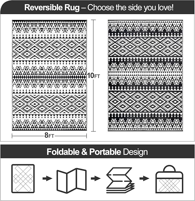 Waterproof Outdoor Rug 8x10ft, Bohemia Reversible Plastic Straw Mat for Patio RV Deck Porch Backyard Balcony Camping Picnic Beach Indoor Outdoor Carpet, Black&White