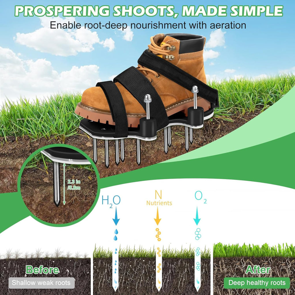 NAZZO Upgrade Lawn Aerator Shoes, Patented Double Layer Lawn Shoes, Aluminum Soleplate Spring-Loaded Design, No Dirt on The Shoes, Soil Yard Aerator Tool for Aerating Patio Garden, Black