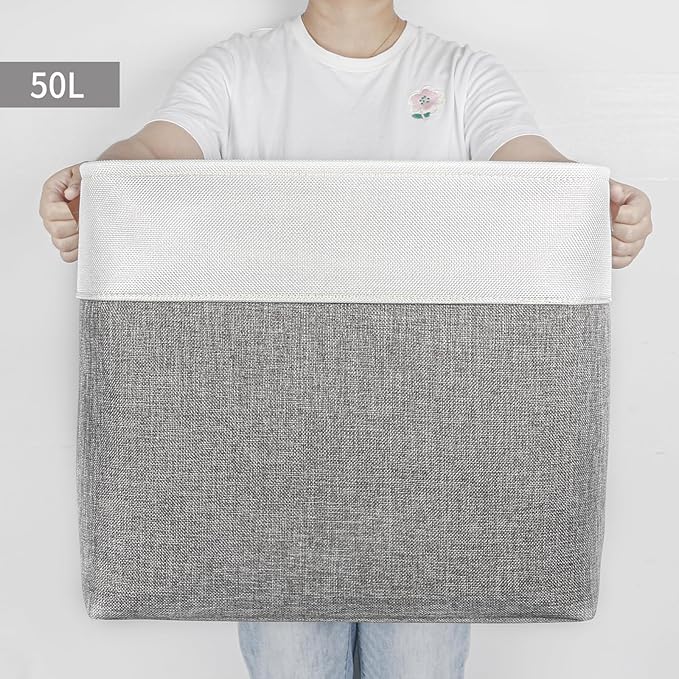 Large Fabric Storage Baskets | 50L Storage Bins, Decorative Linen Closet Baskets with Handles for Organizing, Shelf, Toys, Clothes, Home, Office, Nursery, 17x12x15Inches (Grey&White)