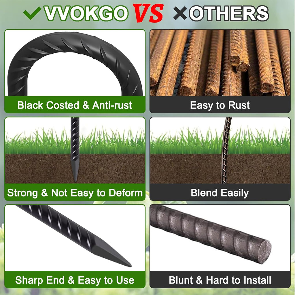 VVOKGO Rebar Stakes 16 Inches J Hook Heavy Duty Chain Link Fence Stakes, 16 Pcs Metal Long Tent Spikes Ground Anchors for Wire Fencing, Dogs Digging, Camping Tents, Swings, Greenhouse, Black