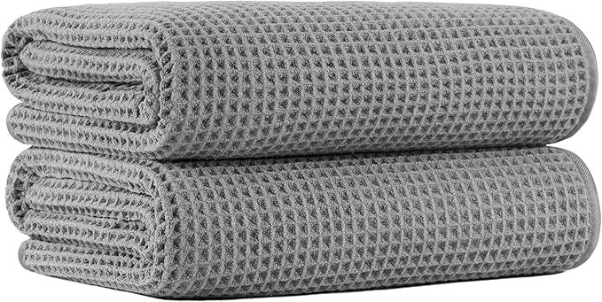 New Microfiber Waffle Bath Towels, 2 Pieces, Oversized, Soft, Absorbent, Fast Drying, Lint Free (Gray)
