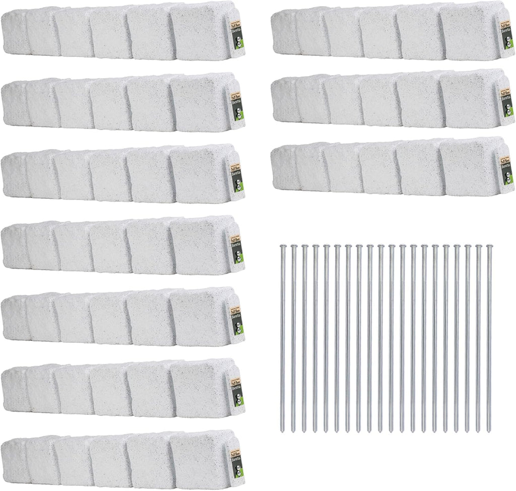 Beuta Landscape Edging | Garden Edging Border | Faux Stone Blocks for Lawn Edging, Flower Beds & Yard Edging – 10 Pack | Each Section Has 6 Blocks 48" L x 4" W x 6.5" H | 20 Spikes | Limewash