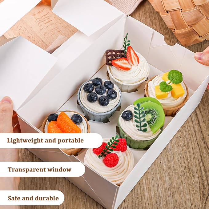 HANSGO 6 Count Cupcake Boxes,6PCS Cupcake Containers with Window White Pastry Boxes for Muffins Pastry Strawberry, Party Supplies 9.5x6.3x3.5 Inch