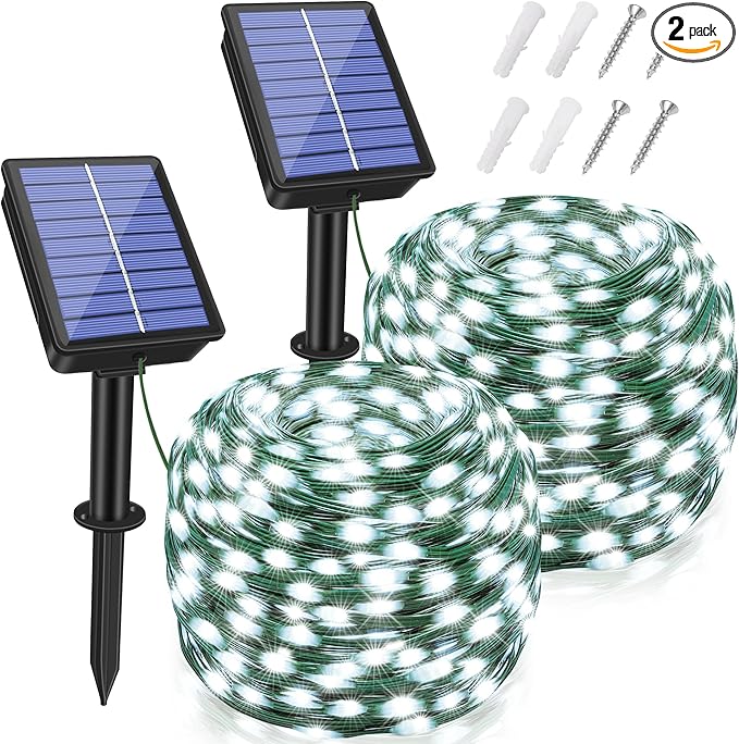 2 Pack Solar String Lights Total 240LED 80FT, IP67 Waterproof Solar Lights for Outside with 8 Modes, Upgraded Solar Panel Fairy Lights for Garden Party Wedding Decorations (Cool White) …