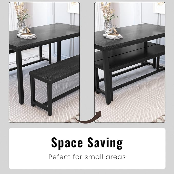 Recaceik Dining Room Table Set with 2 Benches, Kitchen Dining Table Set for 2-4 Person, Space Saving Kitchen Table and Chair Set with Metal Frame for Dining Room, Small Space, Breakfast Nook(Black)