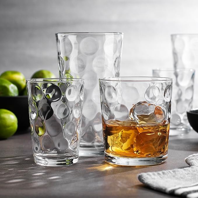 Home Essentials & Beyond Glassware Set 18 Piece Mixed Drinkware Set. 6 Highball Tumblers-17 oz., 6 Rock Whiskey-13 oz., and 6 Juice-7 oz. All Size Glass Cups Drinking Glasses. (Design on Inner Glass)