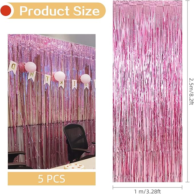5 Pack Pink Fringe Foil Curtain 3.2ft x 8.2ft Tinsel Backdrop Streamers for Birthday Party Decoration Wedding Christmas Decoration