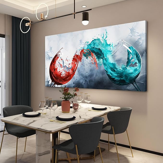 Pogusmavi Dining Room Wall Art Wine Glass Canvas Wall Pictures Kitchen Art Wall Decor Blue & Red Wine Cups Painting Modern Wall Art for Living Room Office Artwork Wall Decor 30x60IN
